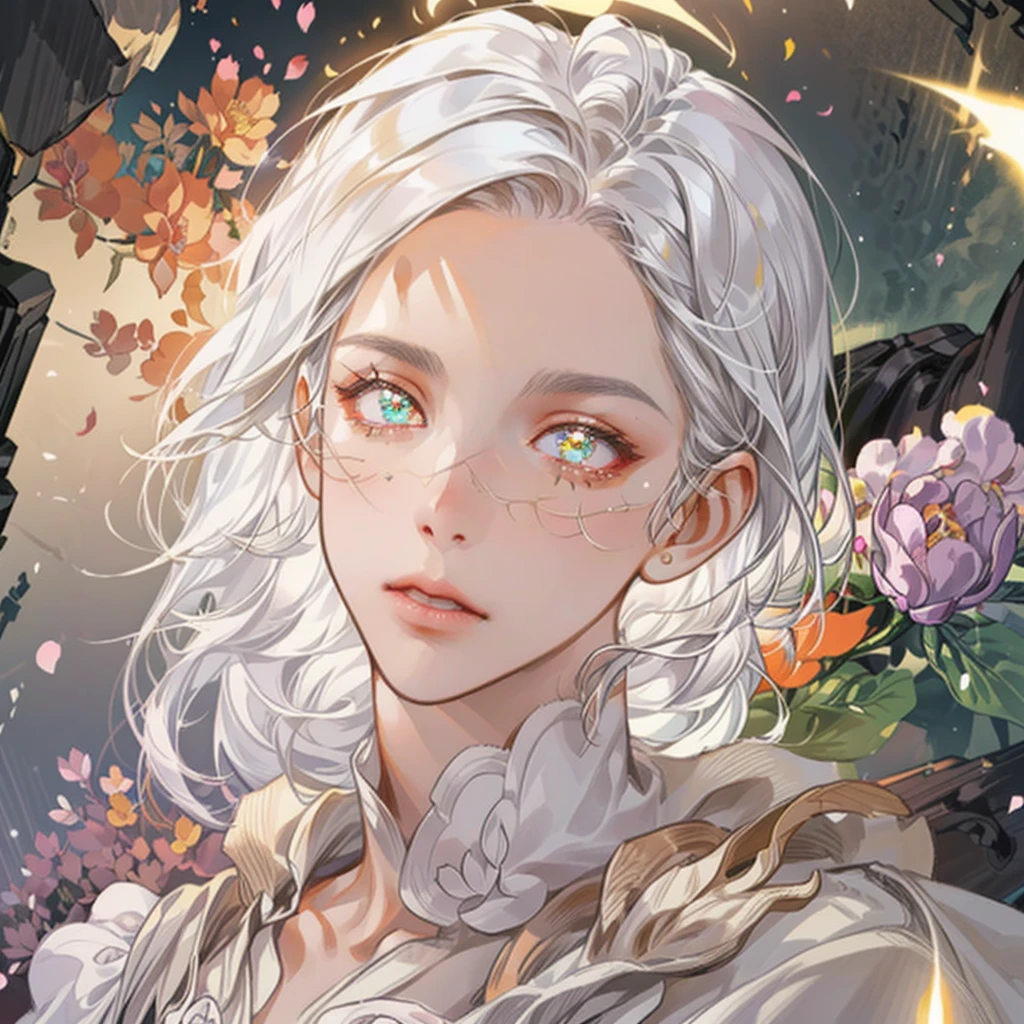  16 year old female, Masterpiece, best quality, illustration, white hair, long hair, white dress, 1girl, cute, (dynamic lighting:1.2), cinematic lighting, delicate facial features, detailed eyes, sharp pupils, realistic pupils, depth of field, sharp focus, (hyper-detailed, bloom, glow:1.4), many small gems