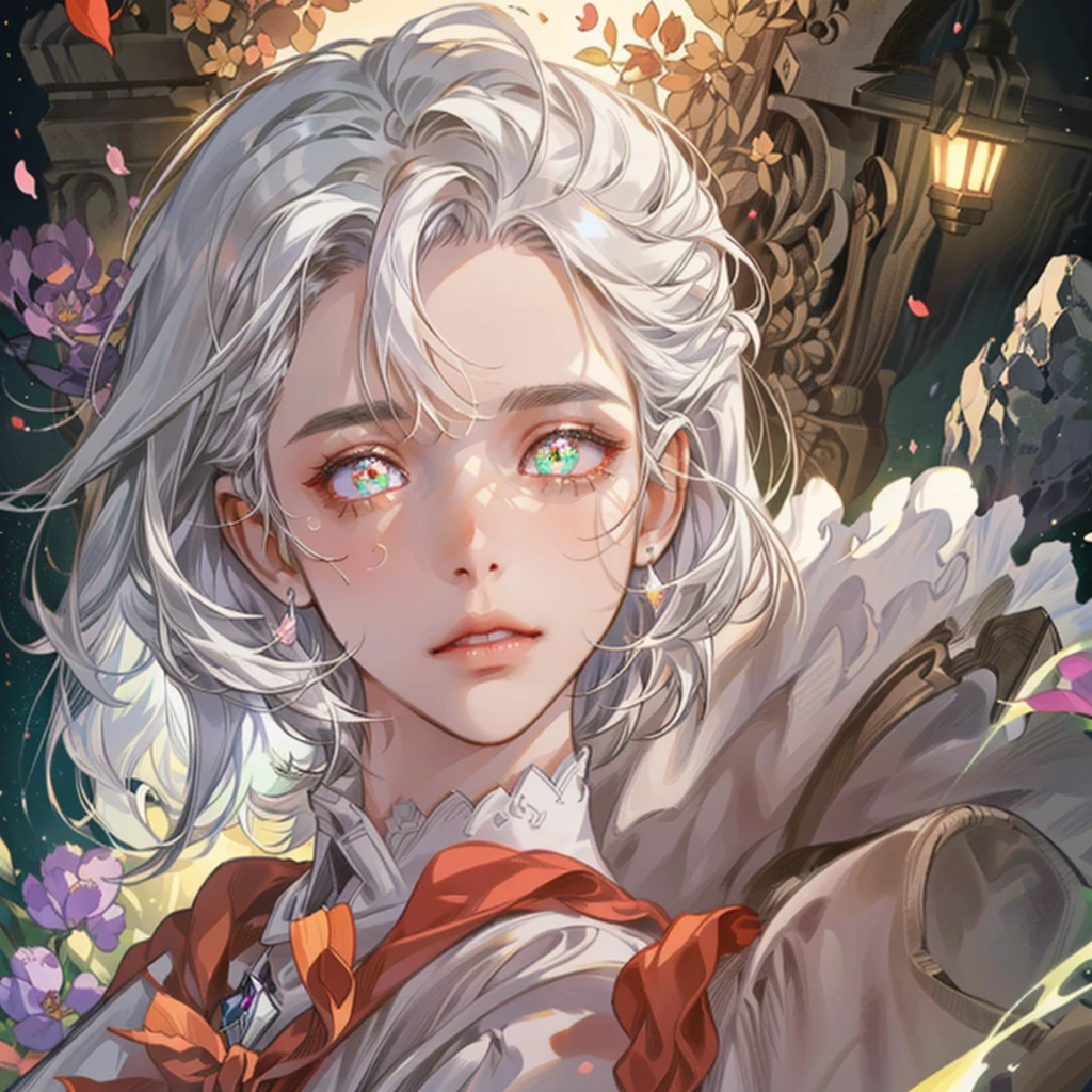  16 year old female, Masterpiece, best quality, illustration, white hair, long hair, white dress, 1girl, cute, (dynamic lighting:1.2), cinematic lighting, delicate facial features, detailed eyes, sharp pupils, realistic pupils, depth of field, sharp focus, (hyper-detailed, bloom, glow:1.4), many small gems