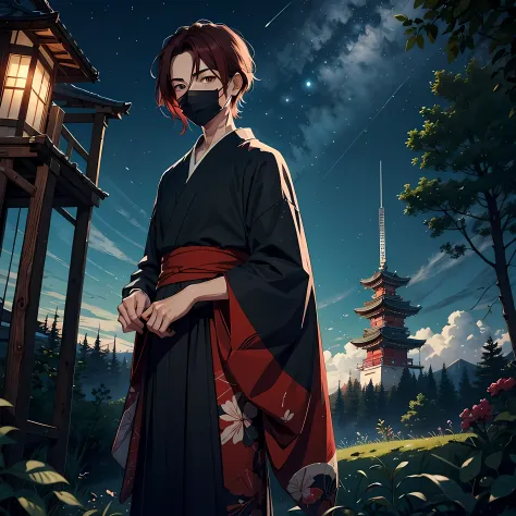Un samouraï en premier plan. Un homme en kimono avec un sabre. Une maison dans la forêt. Il y a une aurore boréale dans le ciel....
