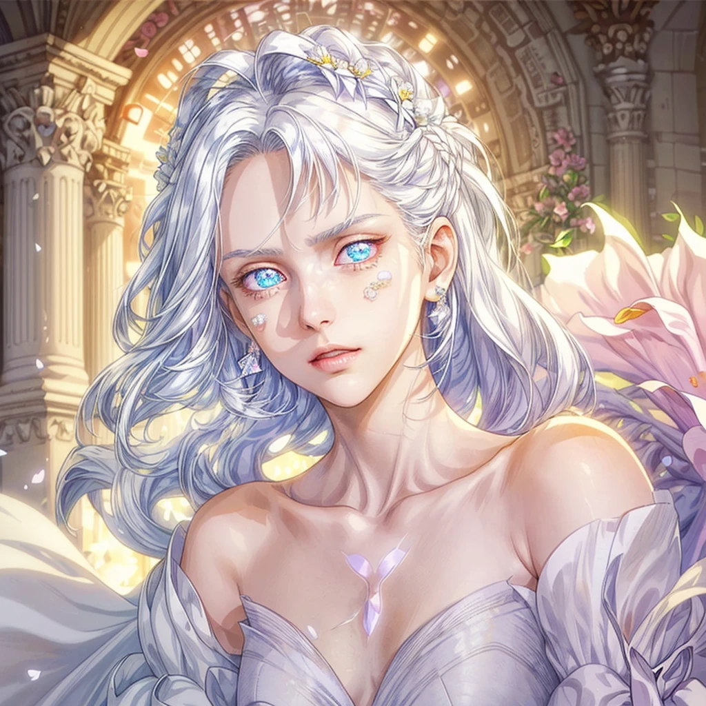  16 year old female, Masterpiece, best quality, illustration, white hair, long hair, white dress, 1girl, cute, (dynamic lighting:1.2), cinematic lighting, delicate facial features, detailed eyes, sharp pupils, realistic pupils, depth of field, sharp focus, (hyper-detailed, bloom, glow:1.4), many small gems