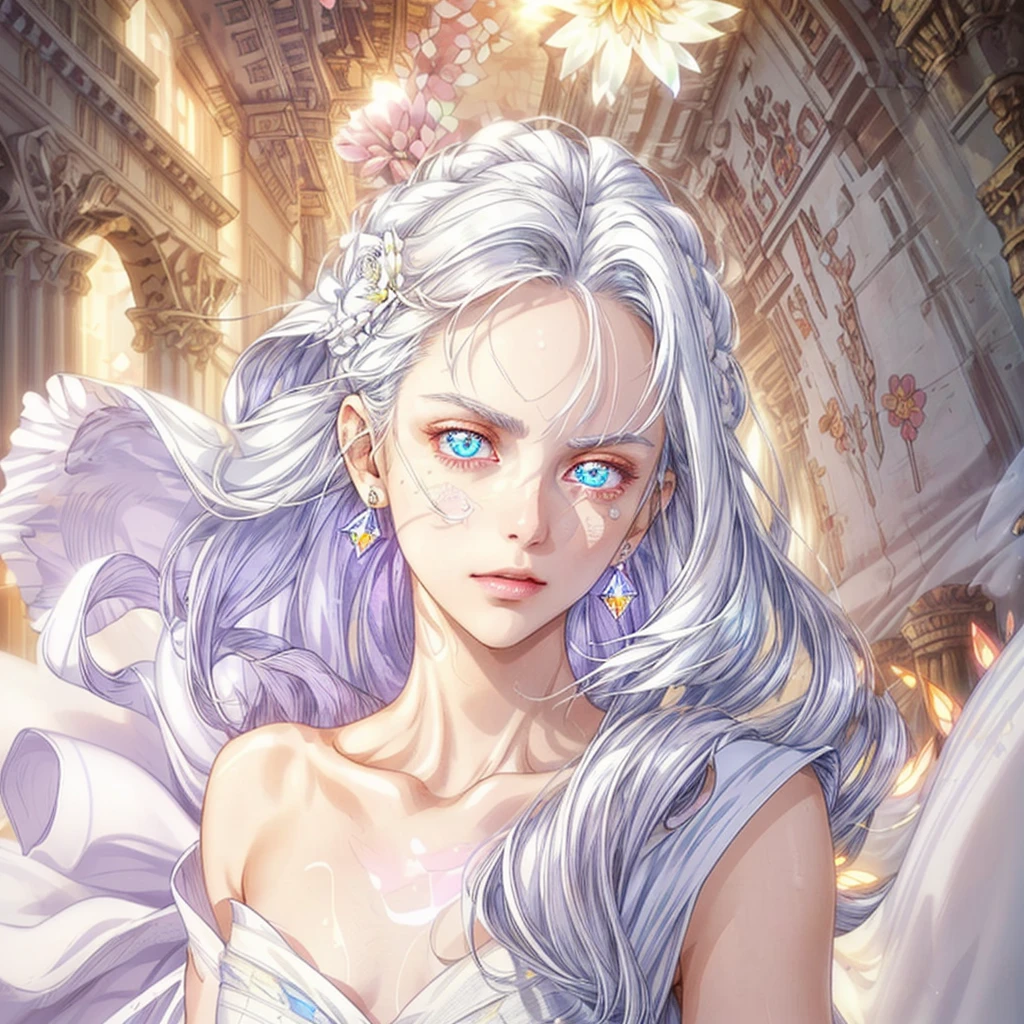  16 year old female, Masterpiece, best quality, illustration, white hair, long hair, white dress, 1girl, cute, (dynamic lighting:1.2), cinematic lighting, delicate facial features, detailed eyes, sharp pupils, realistic pupils, depth of field, sharp focus, (hyper-detailed, bloom, glow:1.4), many small gems