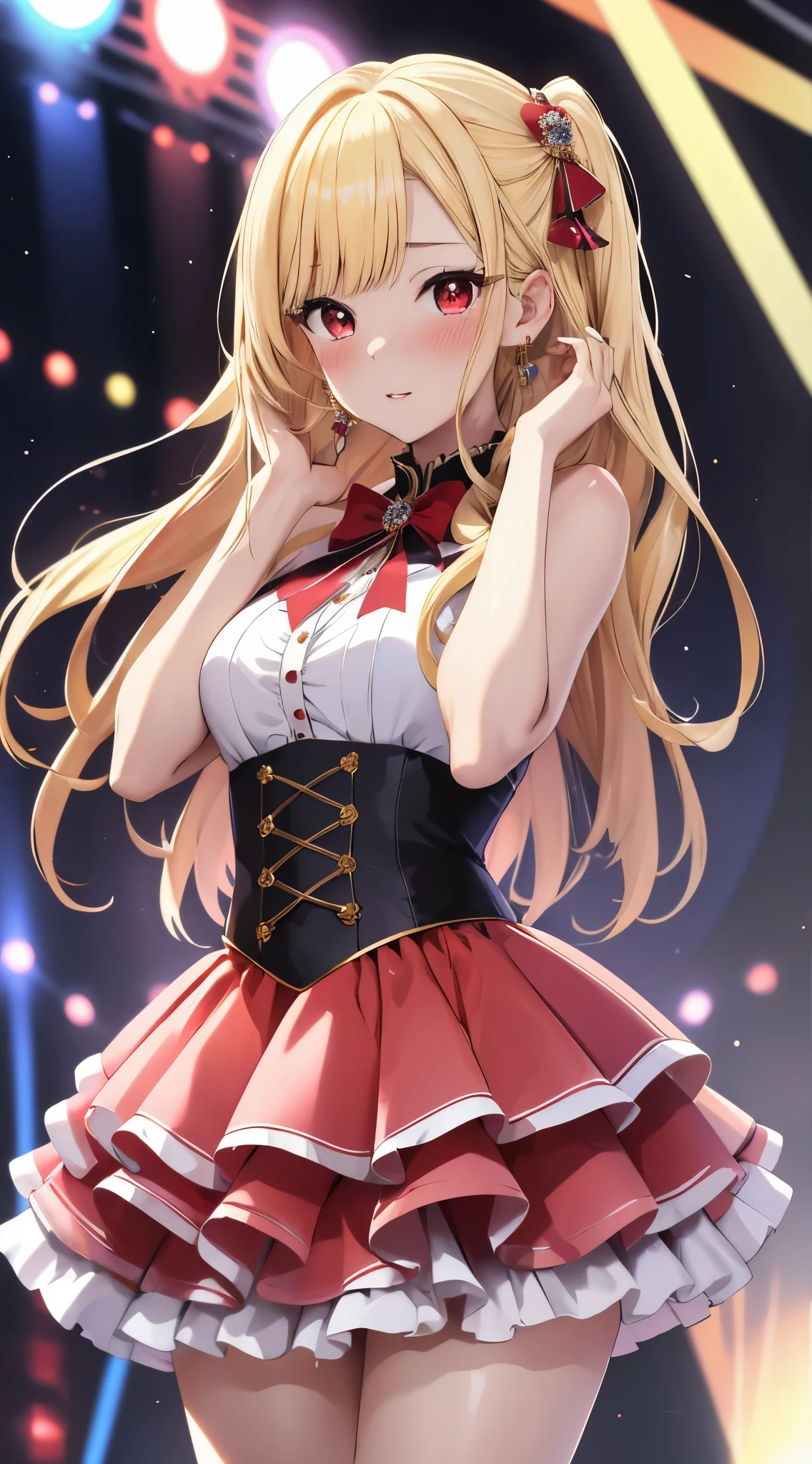 Meisterwerk, beste Qualität, highres, kitagawa marin, 1 Mädchen, Blondes Haar, lange Haare, gefegter Pony, Farbverlauf-Haar, rote Augen, Schmuck, Ohrringe, Piercing, schimmernde Lippen, erröten, Idol-Kleid, Puffrock, ausgestelltem Rock, Ganzkörper