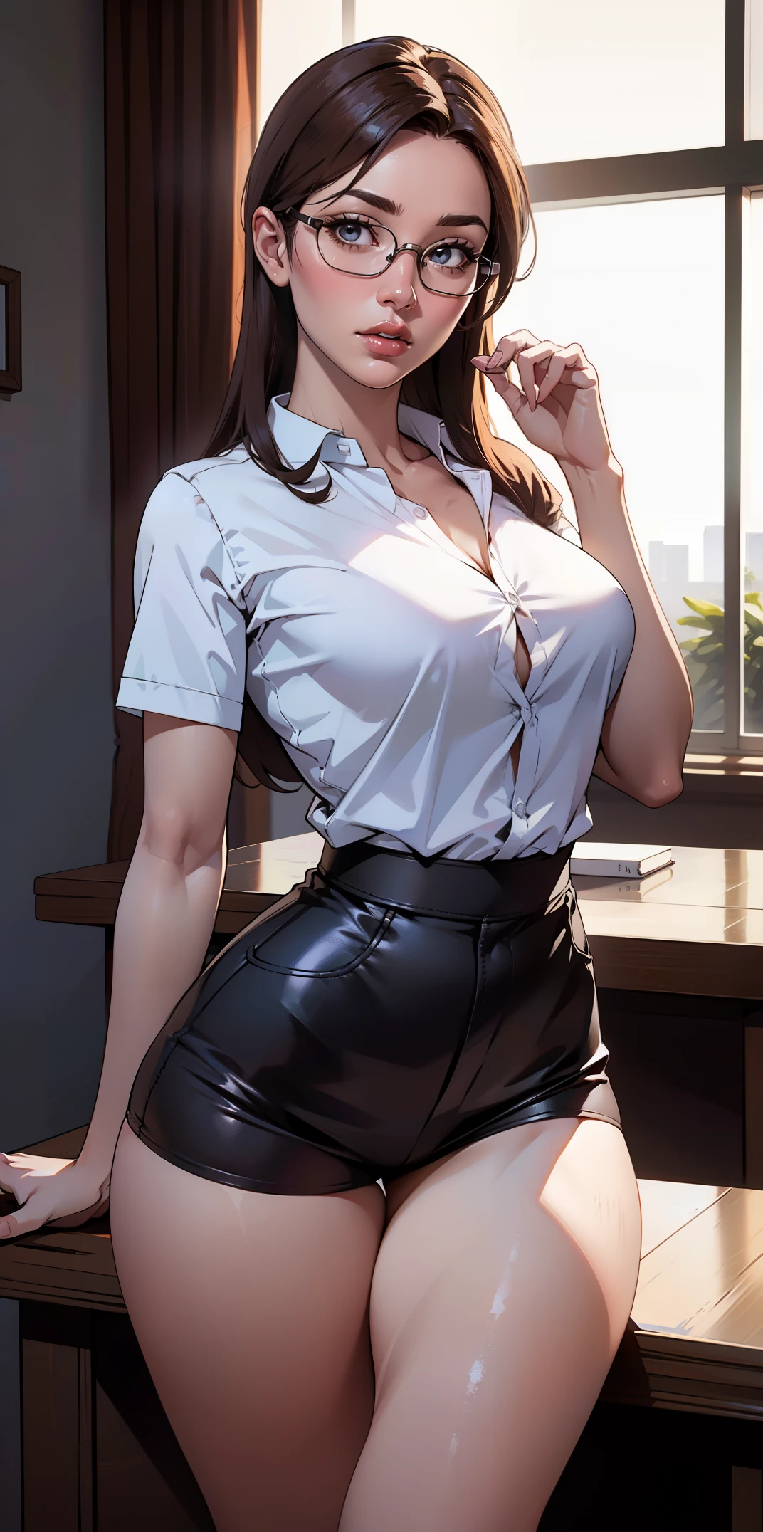 Professora sexy hiper realista super detalhada , sentada na mesa blusa aberta , oculos pernas cruzadas salto alto 