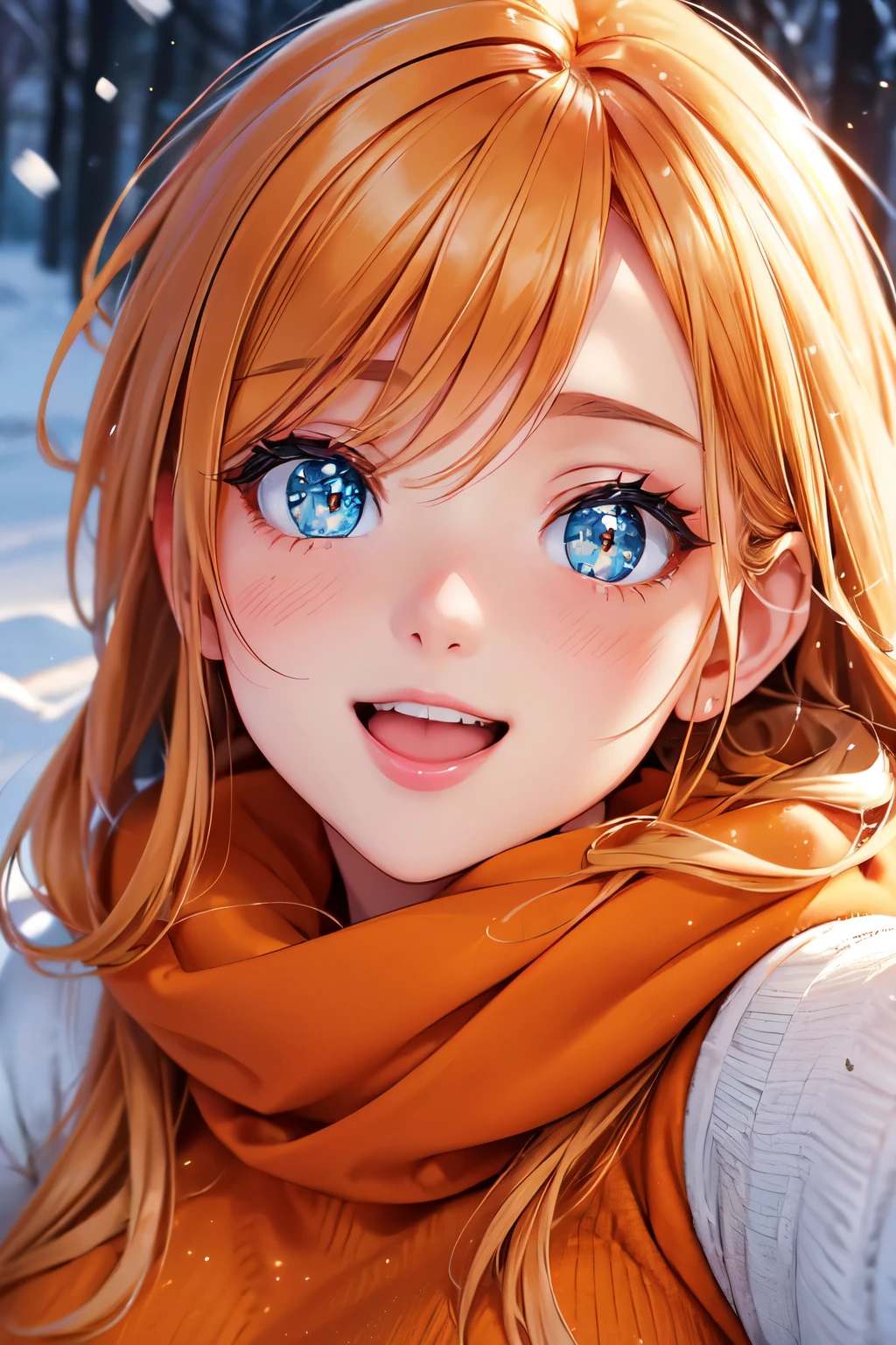 (High quality, High resolution, Fine details), Realistic, snowy landscape, (orange Winter Warm Clothes), solo, curvy women, sparkling eyes, (Detailed eyes:1.2), (smile), blush, Open Mouth, (Hot Breath:1.2), shallow depth of field
