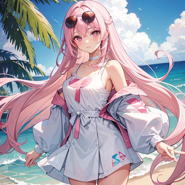 light pink curls，white long hair，pink eyes，girl，hair scattered behind him，The head has a ball head，diagonal hair curtains，He has very cute sunglasses on his head.，white off shoulder sports short sleeves、shortage sports shorts，pink off shoulder coat，anime illustration，The color of the photo will change from blue to pink.，summer，beach side，