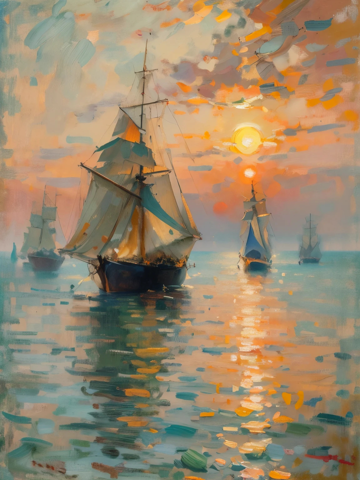 （（（masterpiece，painting）））。A painting：Impressionism art style，Claude Monet Art，sunrise，Caravel sailboat in the sea，