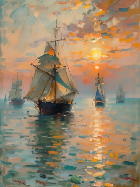 （（（masterpiece，painting）））。一幅painting：Impressionism art style，Claude Monet Art，sunrise，Caravel sailboat in the sea，