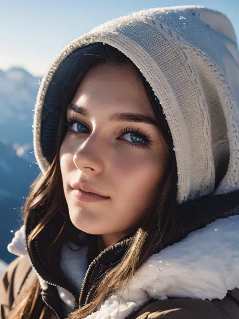 A 23 year old German girl with a serene expression stands proudly atop a majestic snow-covered mountain, bundled up in warm wint...