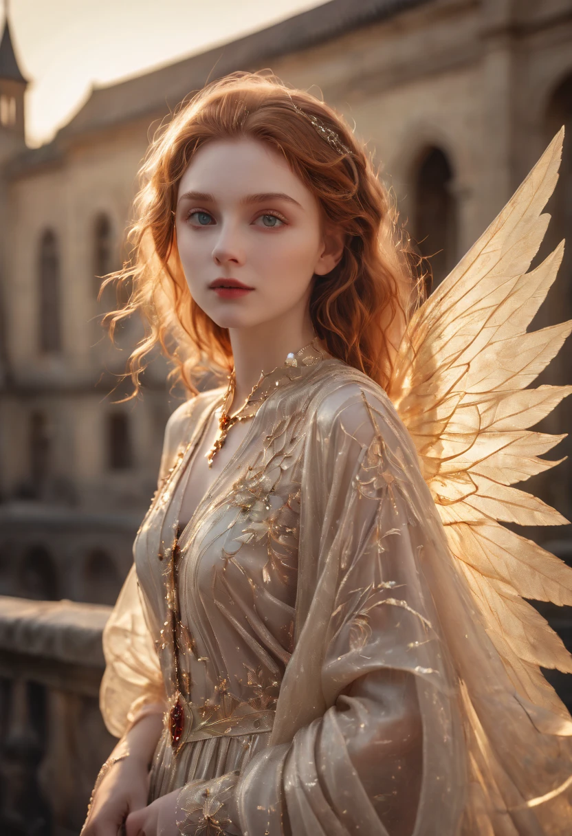 very young Vampire Princess,16 years old, breathtakingly beautiful, deep blue eyes, redhair,(best quality,4k,8k,highres,masterpiece:1.2),ultra-detailed,(realistic,photorealistic,photo-realistic:1.37, raw quality),softly glowing pale skin,pure blooded,porcelain-like complexion,elegant and refined features,graceful posture,dark and mysterious atmosphere,gothic fashion,flowing black lace dress,touch of red in her clothes,dainty silver jewelry with ruby accents,subtle yet captivating smile,slightly pointed canines,translucent wings resembling bat wings,subtle shimmering effect on her wings,gardens filled with blooming blood roses,vivid red petals contrasted with the darkness,enchanting moonlit night,dark and hauntingly beautiful castle in the background,splashes of moonlight illuminating her ethereal beauty,dark shadows and dramatic lighting,icy stare that freezes the hearts of those who dare to meet her gaze,air of authority and power,symbol of both danger and allure,night sky filled with swirling mist and sparkling stars,subtle color palette with shades of deep blue,purple,and black,subdued lighting with soft moonlight casting an ethereal glow,vibrant yet elegant style,with a touch of darkness and mystery,portraits,fantasy,horror,cementary