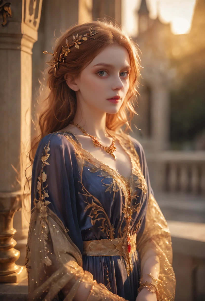 very young Vampire Princess,16 years old, breathtakingly beautiful, deep blue eyes, redhair,(best quality,4k,8k,highres,masterpiece:1.2),ultra-detailed,(realistic,photorealistic,photo-realistic:1.37, raw quality),softly glowing pale skin,pure blooded,porcelain-like complexion,elegant and refined features,graceful posture,dark and mysterious atmosphere,gothic fashion,flowing black lace dress,touch of red in her clothes,dainty silver jewelry with ruby accents,subtle yet captivating smile,slightly pointed canines,translucent wings resembling bat wings,subtle shimmering effect on her wings,gardens filled with blooming blood roses,vivid red petals contrasted with the darkness,enchanting moonlit night,dark and hauntingly beautiful castle in the background,splashes of moonlight illuminating her ethereal beauty,dark shadows and dramatic lighting,icy stare that freezes the hearts of those who dare to meet her gaze,air of authority and power,symbol of both danger and allure,night sky filled with swirling mist and sparkling stars,subtle color palette with shades of deep blue,purple,and black,subdued lighting with soft moonlight casting an ethereal glow,vibrant yet elegant style,with a touch of darkness and mystery,portraits,fantasy,horror,cementary