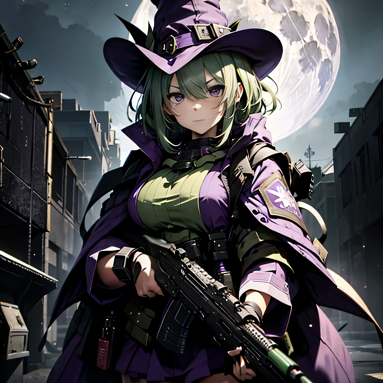 top-quality、extremely delicate and beautiful、(A teenage girl)、Purple Eye、Green hair、short-haired、(purple witch hat)、Purple tie、Tactical Vest、Soio、shortsleeves、Purple skirt、Purple Wizard Robe、Navel、is standing、Facing the front、Expression of hatred、Full moon night on background、Only eyes、((Holding a submachine gun in both hands))