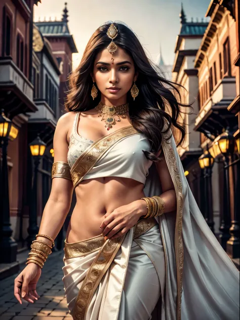 Portrait, a beautiful indian queen, classic, ultra detailed body, ultra detailed face, long pony hair, walking on a city street,...