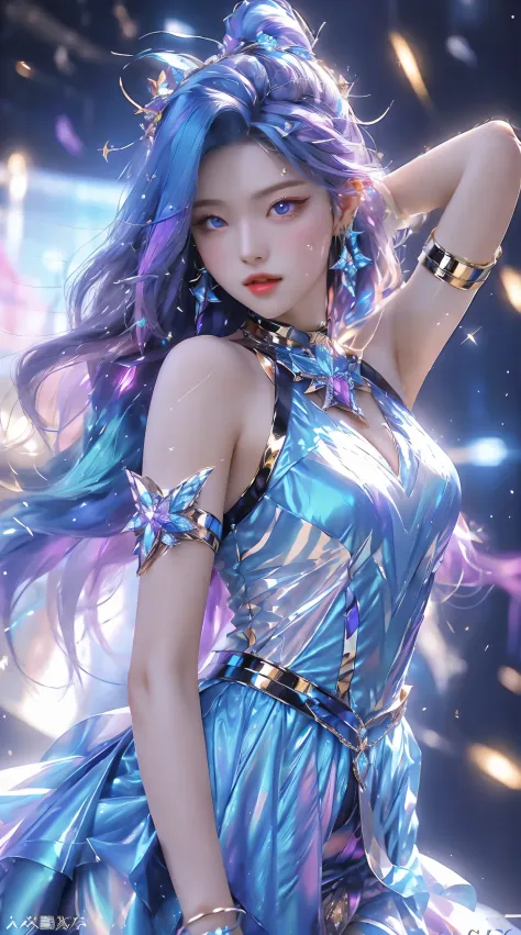 best quality, 1 girl, keda, alone, long hair, blue dress, looking at the audience, upper body, multicolored glowing crystals