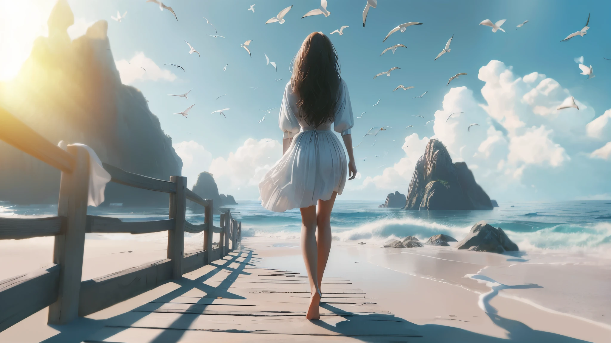 Uma mulher caminhando na praia com gaivotas voando, linda arte digitalwork, Escrito por Alexander Kucharsky, pinturas de fantasia realistas, linda arte digital, Ross Tran. fundo cênico, very linda arte digital, pintura digital sonhadora, lindas pinturas digitais, incríveis pinturas digitais, Arte de fantasia surreal, Inspirado por Igor Kieriluk, Inspirado por Cyril Rolland