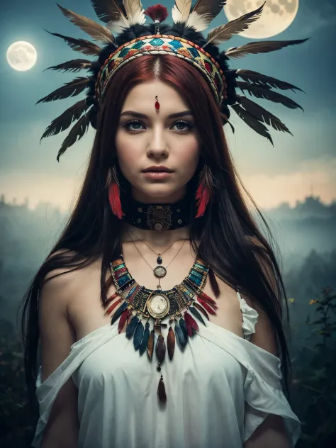 A beautiful red haired girl with a native American chief headdress. Luis Royo bookmark of surrealistic dreams, magic, watercolor...