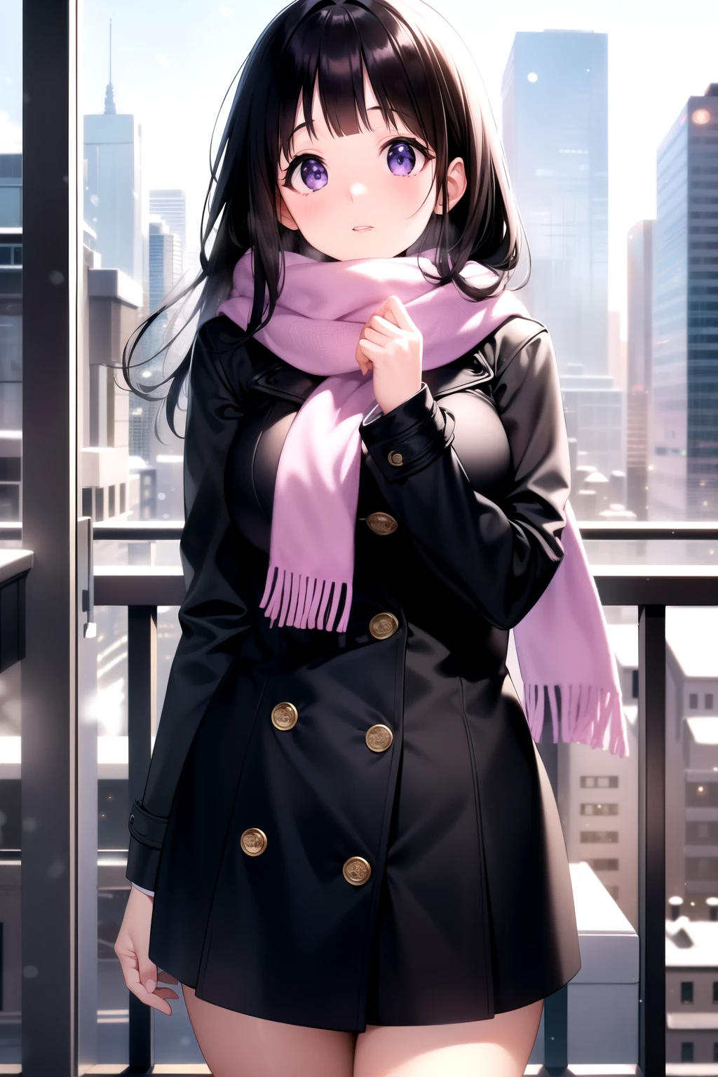 (A superb exquisite Chitanda Eru), (mature face), purple eyes, long black hair, natural straight hair, straight bangs, solo, [Small_breasts: large_breasts: 0.5], normal breasts, ((tall buildings, city, winter, scarf)), (purple coat, skirt), extremely delicate, peerless beautiful girl, dreamy quality, exaggerated facial features, solid color, delicate face, bright lips, slender waist, soft-straight curves, soft lights and shadows, super fine, 8K ULTRA HD, (masterpiece:1.4), (finely detailed beautiful eyes: 1.2)