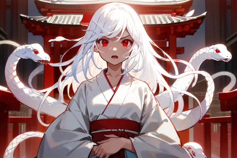 1 girl，detailed details，very long white hair，countless white snakes，luxurious white kimono，red eyes，shrine background，ferocious，...