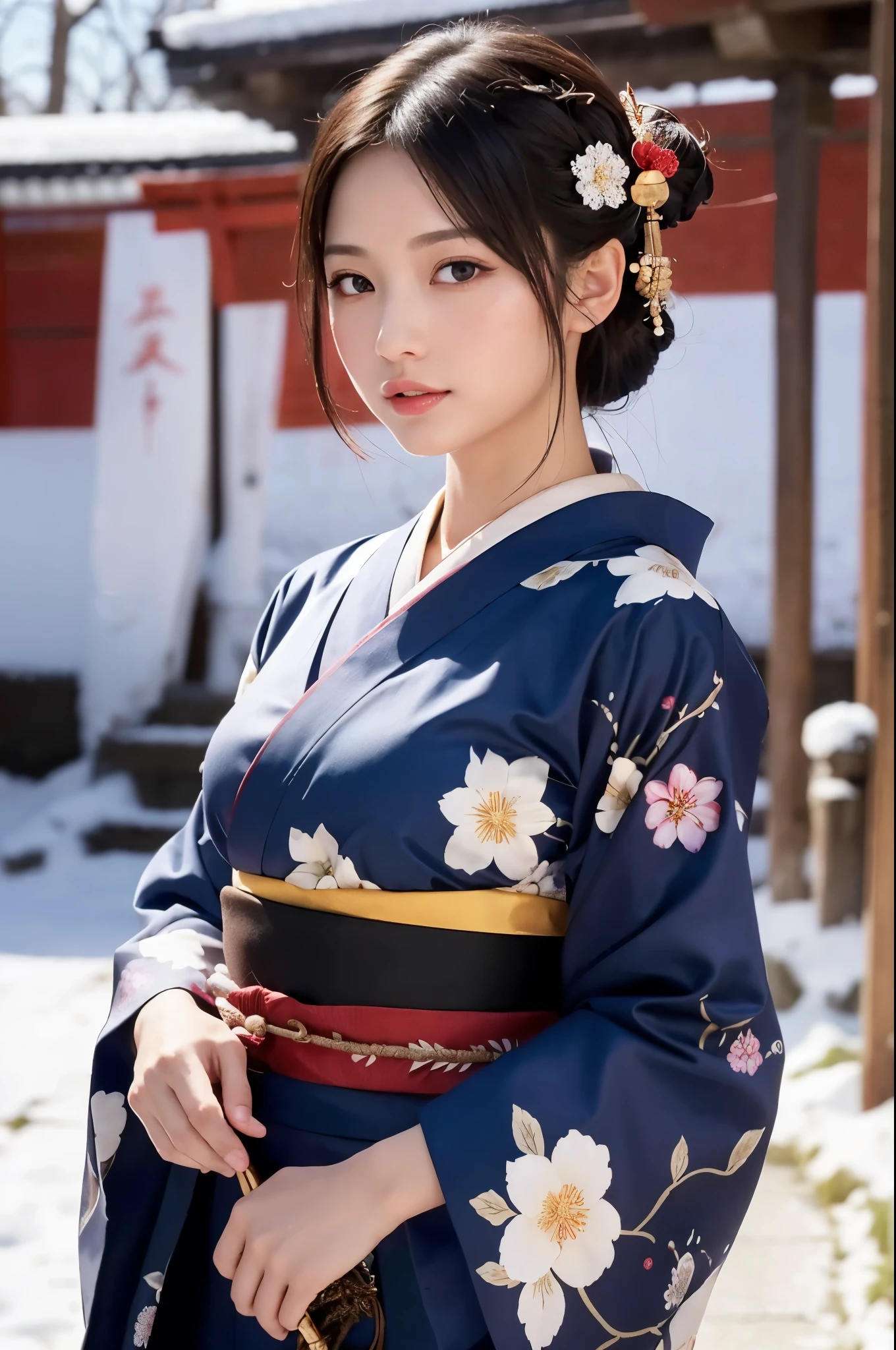 masterpiece:1.2, (realistic, photo-realistic:1.4), Japanese shinto shrines in snowy landscapes, ((A beautiful Japanese girl in a kimono for New Year's celebration, solo, floral print, hair ornaments)), best quality, 8k, RAW photo, Early morning of New Year's Day, cowboy shot, Like a Japanese Idol, Extremely cute, elegant, Slightly bewitching, parted lips, glossy skin, cinematic composition, professional warm lighting and shading, extremely detailed eyes and face, eyes with beautiful details, insanely detailed beautiful realistic skin texture, (correct body balance, accurate hands, accurate eyes)