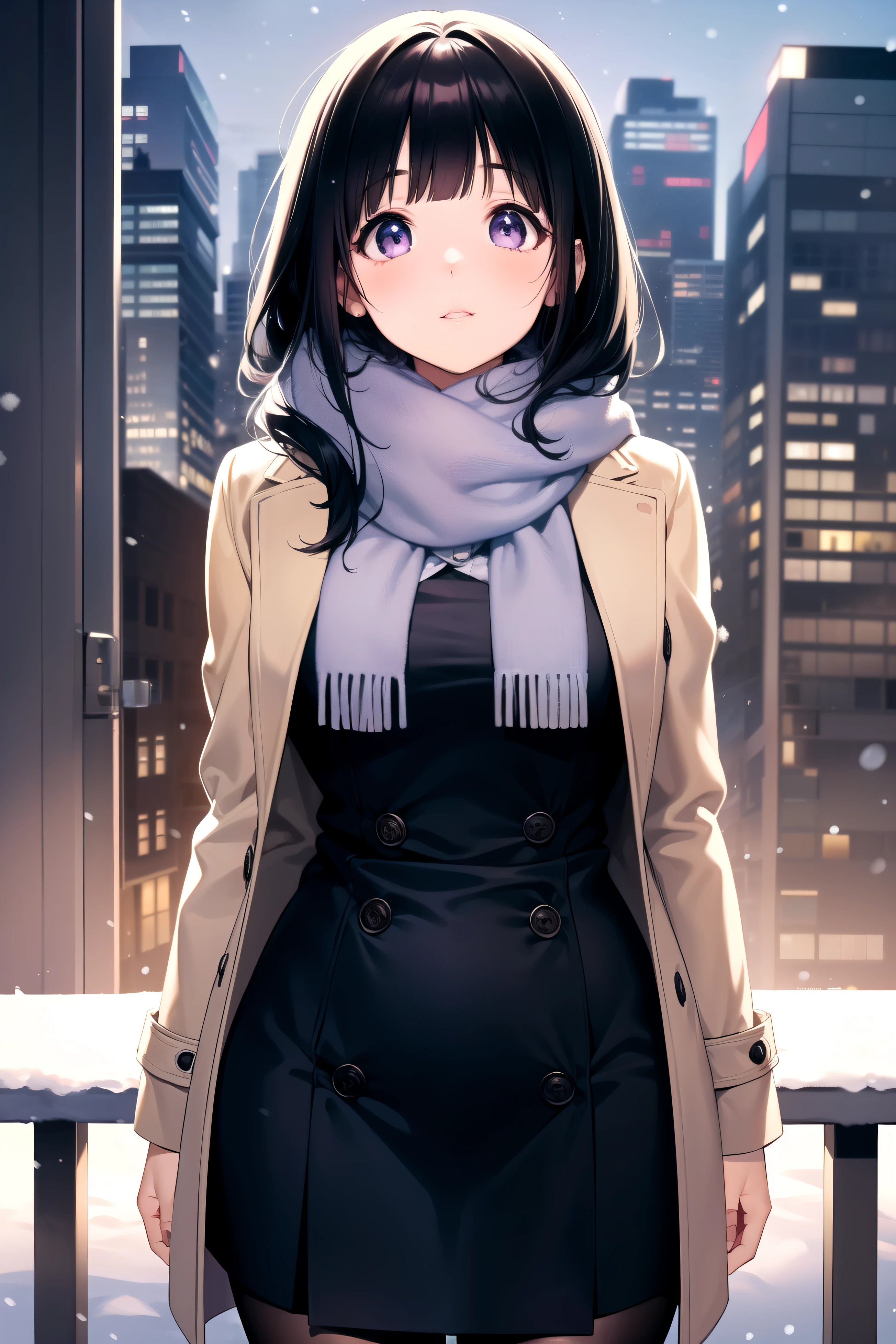 (A superb exquisite Chitanda Eru), (mature face), purple eyes, long black hair, natural straight hair, straight bangs, solo, [Small_breasts: large_breasts: 0.5], normal breasts, ((tall buildings, city, winter, scarf)), (coat, skirt), extremely delicate, peerless beautiful girl, dreamy quality, exaggerated facial features, solid color, delicate face, bright lips, slender waist, soft-straight curves, soft lights and shadows, super fine, 8K ULTRA HD, (masterpiece:1.4), (finely detailed beautiful eyes: 1.2)