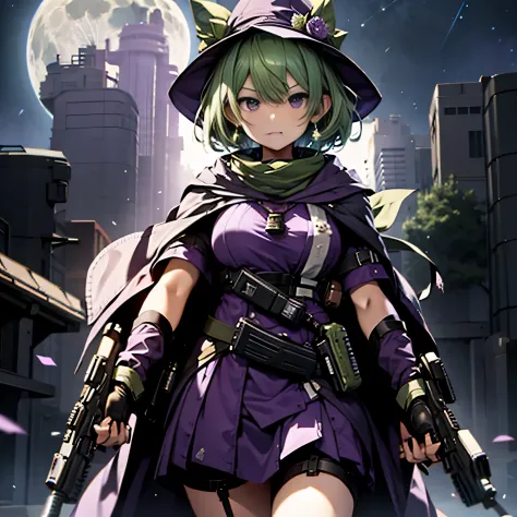 highest quality、very delicate and beautiful、(A teenage girl)、Purple Eye、green hair、short haired、(purple witch hat)、Purple tie、Ta...