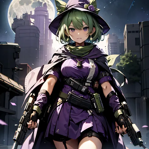 highest quality、very delicate and beautiful、(a teenage girl)、purple eye、green hair、short haired、(purple witch hat)、purple tie、ta...