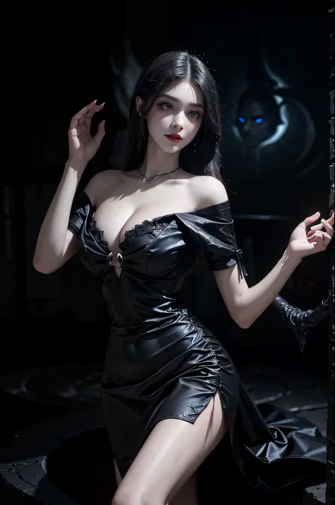 short sleeves,off shoulder, dress, Beautiful devil woman from hell, (in the darkness: 1.6), 大卫霍克尼和阿尔方斯穆夏的Surreal女性portrait, fantasy art, korean doll, photorealism, dynamic lighting, art station, poster, Volumetric lighting, The facial details are very rich...