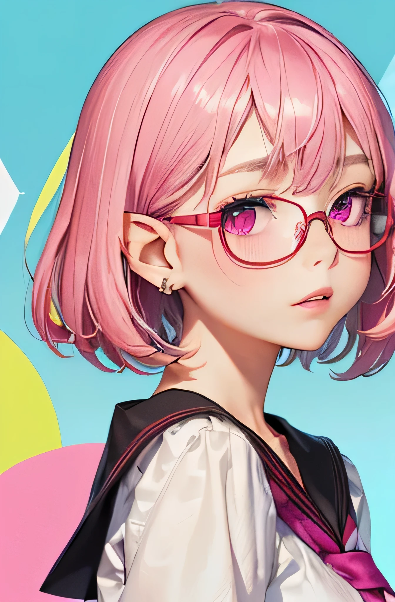 portrait of european girl,alone,20 years,beautiful face,uppser body,(((Milky pink short bob hair:1.2、thick red glasses with small frames:1.2、[elf ears:0.7]、Magenta eyes)))(((14 years old　Middle school students)))(((colorful background)))