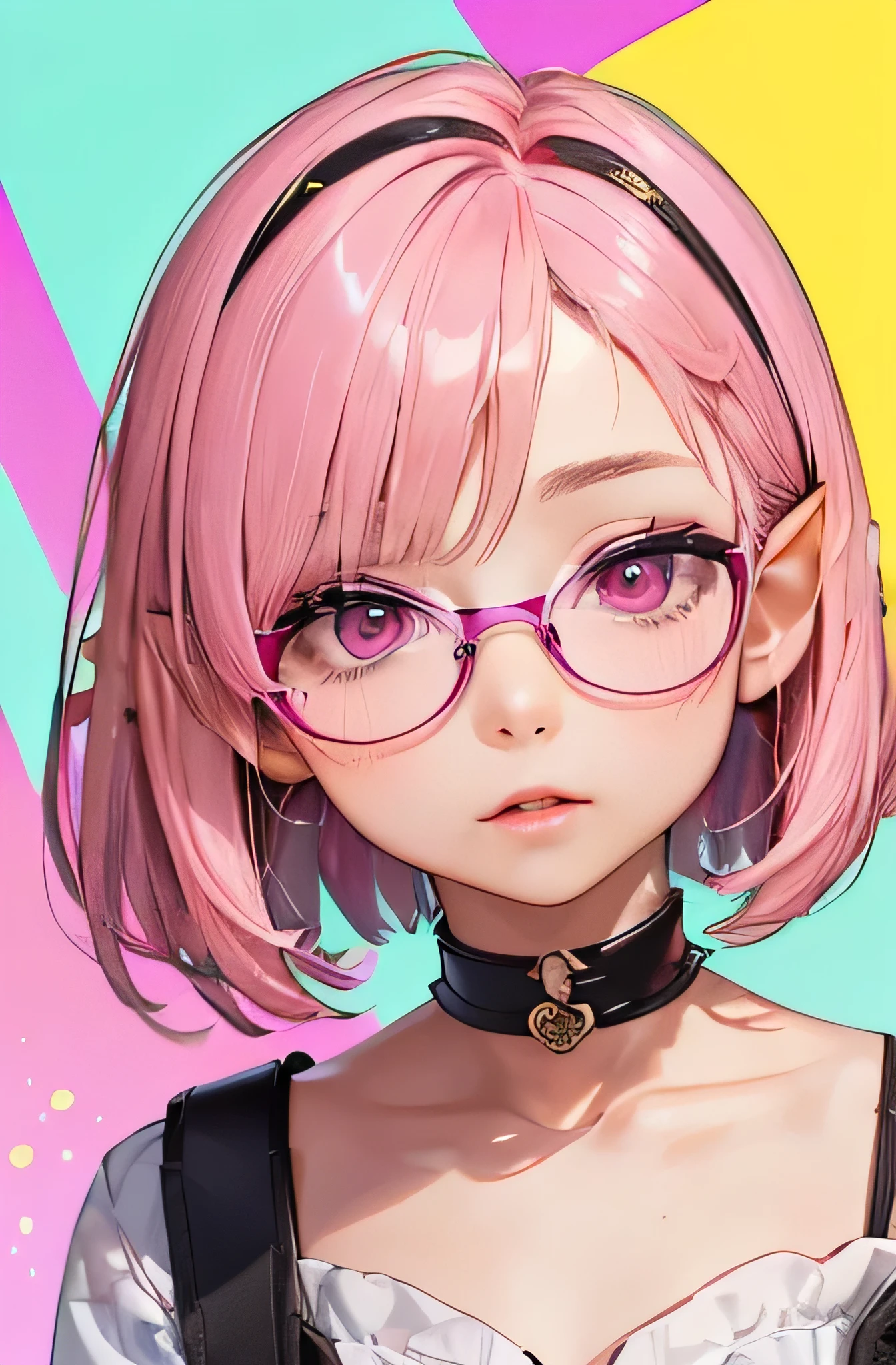 portrait of european girl,alone,20 years,beautiful face,uppser body,(((Milky pink short bob hair:1.2、thick red glasses with small frames:1.2、[elf ears:0.7]、Magenta eyes)))(((10 years old　primary school student)))（Colorful background with 4 or more colors)