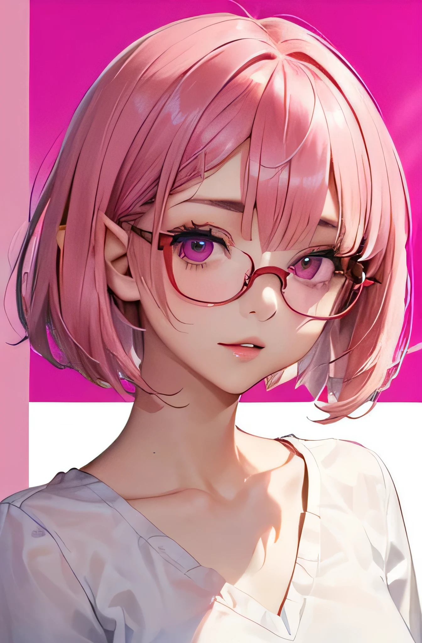 portrait of european girl,alone,20 years,beautiful face,uppser body,(((Milky pink short bob hair:1.2、thick red glasses with small frames:1.2、[elf ears:0.7]、Magenta eyes)))(((18-year-old　high school student)))（Colorful background with 4 or more colors:1.1)