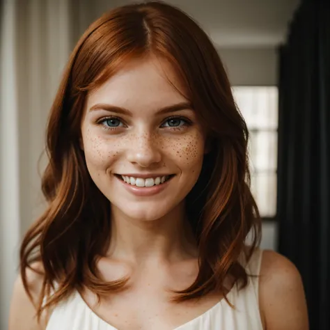 beautiful average looking woman, smiling, white teeth, dress, (looking ...