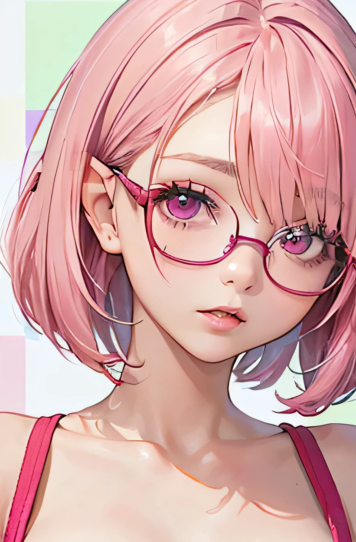 portrait of european girl,alone,20 years,beautiful face,uppser body,(((Milky pink short bob hair:1.2、thick red glasses with small frames:1.2、[elf ears:0.7]、Magenta eyes　big breasts　Face length　Beautiful woman)))(((22 years ago　university student)))（Colorful background with 4 or more colors:1.1)