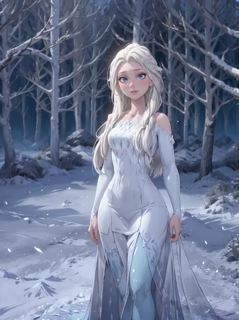 snow_queen_elsa, Nokk_elsa, (mature:1.3), tall, abs, glossy lips, in a snow forest