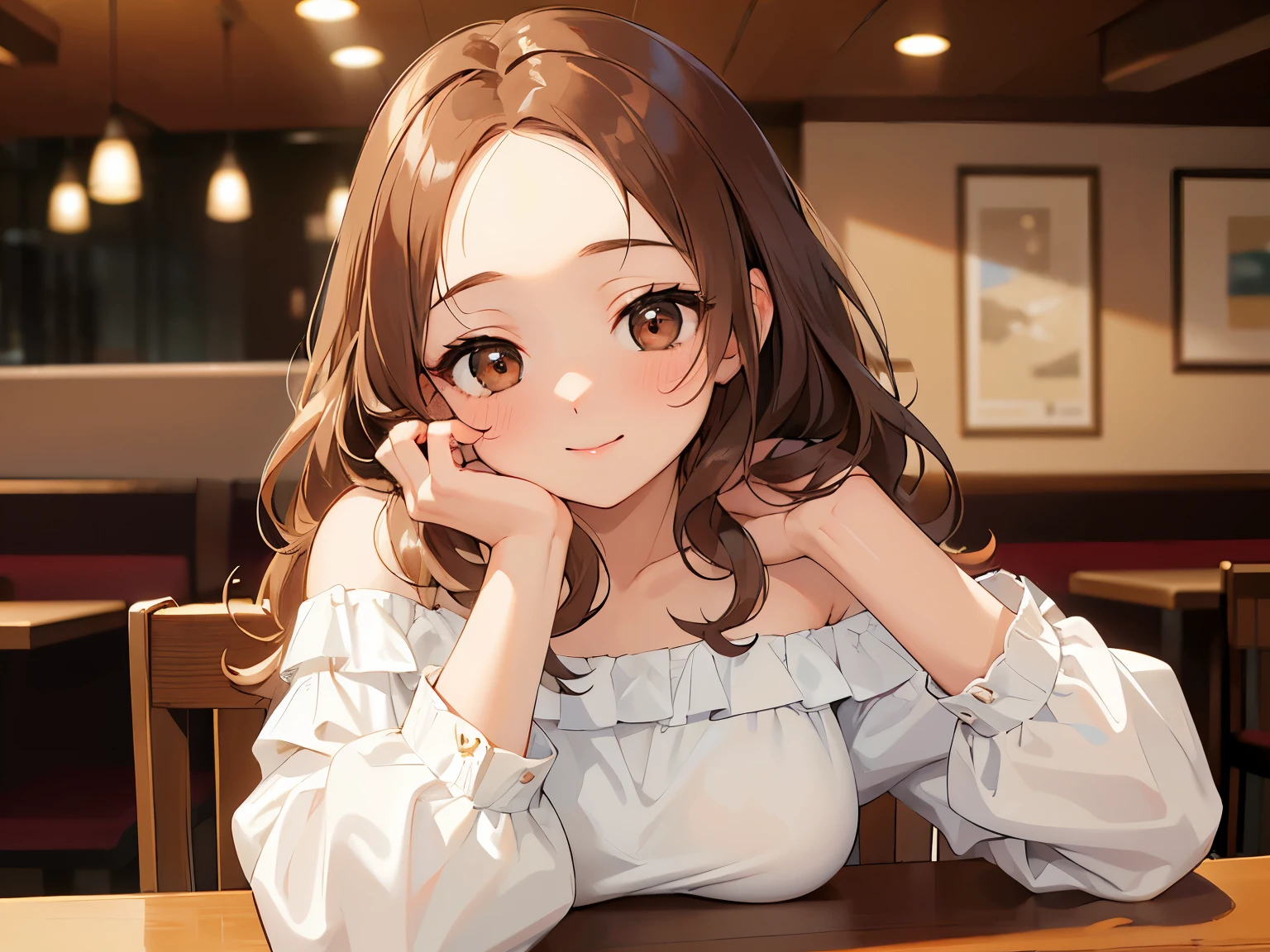 upturned eyes, masterpiece、highest quality、 forehead, curly hair, A 2 woman with light chestnut medium-long hair and brown eyes.、wearing a white off-shoulder blouse、smile, (shy:1.2), sitting、The background is a restaurant、bold composition、Upper body is shown、Alone、close up of your face