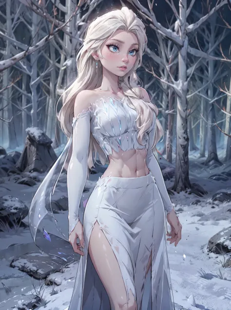 snow_queen_elsa, Nokk_elsa, (mature:1.3), tall, abs, glossy lips, in a snow forest, crop top, long skirt with slit, 