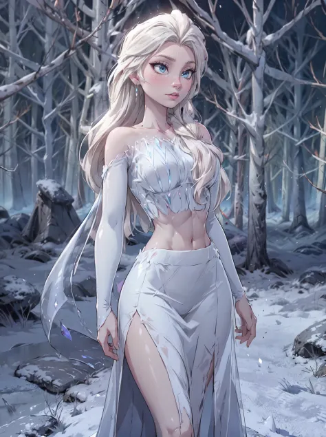 snow_queen_elsa, nokk_elsa, (mature:1.3), tall, abs, glossy lips, in a snow forest, crop top, long skirt with slit,