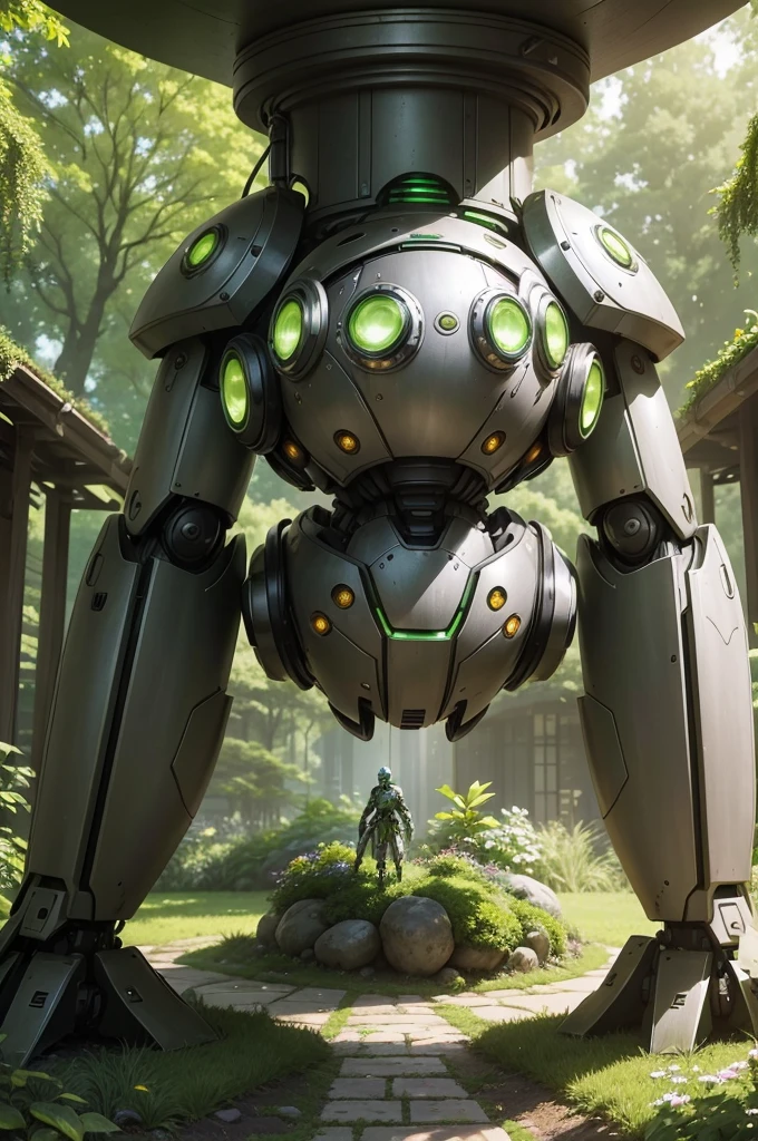 The image features a green and silver robot standing in the midst of a garden lush with greenery. This robot has a robust build and is decorated with prominent yellow eyes. It is at the center of the scene, suggesting a sense of prominence. Surrounding the robot are various plants, steel pipes, and sphere-like silver objects which contribute to the feeling of being in a forest of green plants. Additionally, there is a mention of sunlight and buildings in the background, which gives the image a vibrant and lively atmosphere.