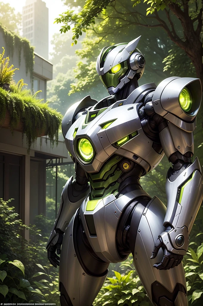The image features a green and silver robot standing in the midst of a garden lush with greenery. This robot has a robust build and is decorated with prominent yellow eyes. It is at the center of the scene, suggesting a sense of prominence. Surrounding the robot are various plants, steel pipes, and sphere-like silver objects which contribute to the feeling of being in a forest of green plants. Additionally, there is a mention of sunlight and buildings in the background, which gives the image a vibrant and lively atmosphere.