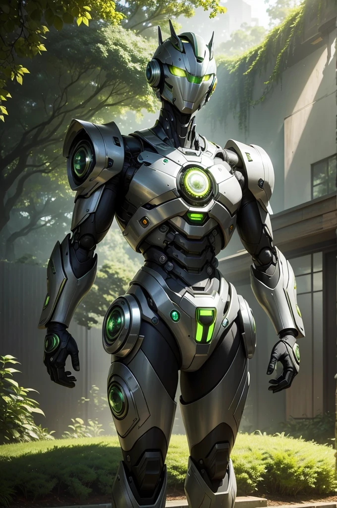 The image features a green and silver robot standing in the midst of a garden lush with greenery. This robot has a robust build and is decorated with prominent yellow eyes. It is at the center of the scene, suggesting a sense of prominence. Surrounding the robot are various plants, steel pipes, and sphere-like silver objects which contribute to the feeling of being in a forest of green plants. Additionally, there is a mention of sunlight and buildings in the background, which gives the image a vibrant and lively atmosphere.