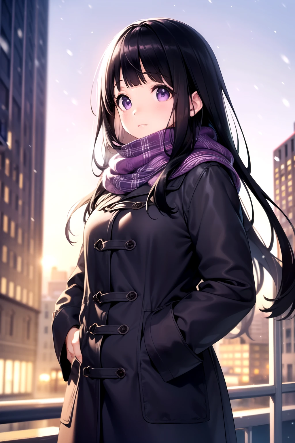 (A superb exquisite Chitanda Eru), (mature face), purple eyes, long black hair, natural straight hair, straight bangs, solo, [Small_breasts: large_breasts: 0.5], normal breasts, (tall buildings, city, winter, scarf, purple coat, winter clothes), extremely delicate, peerless beautiful girl, dreamy quality, exaggerated facial features, solid color, delicate face, bright lips, soft smile, slender waist, soft-straight curves, soft lights and shadows, super fine, 8K ULTRA HD, (masterpiece:1.4), (finely detailed beautiful eyes: 1.2)