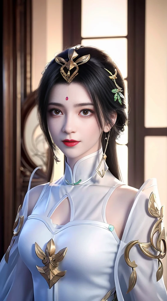 Best Quality, Masterpiece, Ultra High Resolution, (Realistic: 1.4) 1 Girl, beautiful_face, Smile, Delicate Skin, Full Body, Jade Fire Tree, Jewelry, Solo, Earringire: 1.3), Blur, Realistic, Lips,