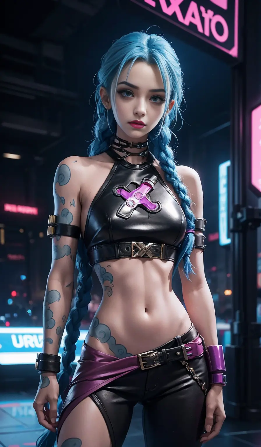 jinx arcano, uma mulher com cabelo azul e tatuagens, mulher cyberpunk mulher anime, pants, Deusa cyberpunk raivosa bonita, estil...