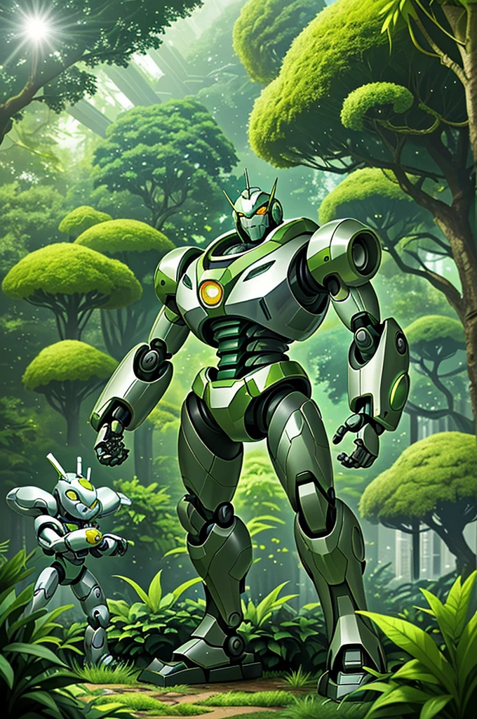 The image features a green and silver robot standing in the midst of a garden lush with greenery. This robot has a robust build and is decorated with prominent yellow eyes. It is at the center of the scene, suggesting a sense of prominence. Surrounding the robot are various plants, steel pipes, and sphere-like silver objects which contribute to the feeling of being in a forest of green plants. Additionally, there is a mention of sunlight and buildings in the background, which gives the image a vibrant and lively atmosphere.