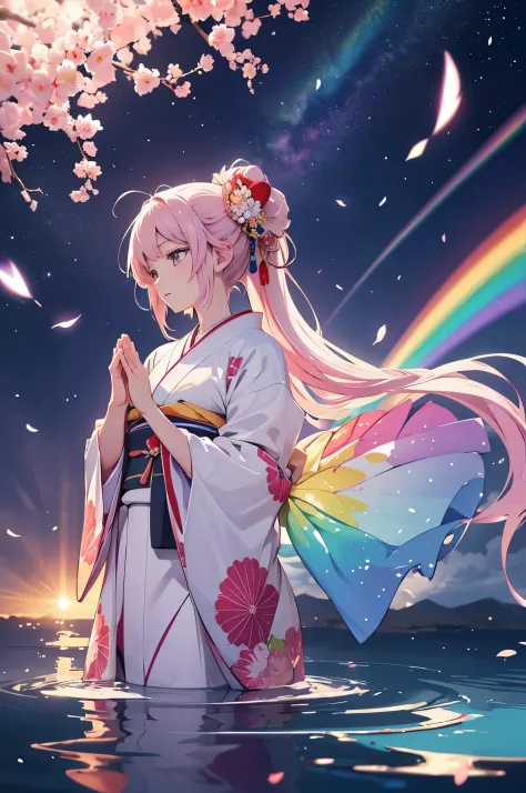 (high resolution, detailed, 4k, 8k), (anime style), delicate, beautiful girl wearing a kimono, vibrant rainbow spanning across t...