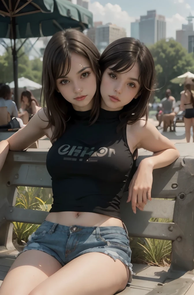 best resolution, conjoined_dicephalus,(two heads:1), 1 girl, solo, light brown hair, short hair, bangs, black eyeliner, 21 years old, youthful, wearing a tank top and shorts, sitting at a park, half body shot
