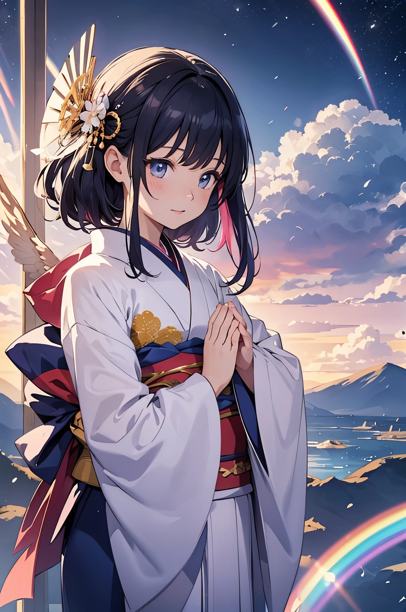 (high resolution, detailed, 4k, 8k), (anime style), delicate, beautiful girl wearing a kimono, vibrant rainbow spanning across the clear sky, gracefully praying with folded hands, youthful appearance with radiant eyes, divine presence