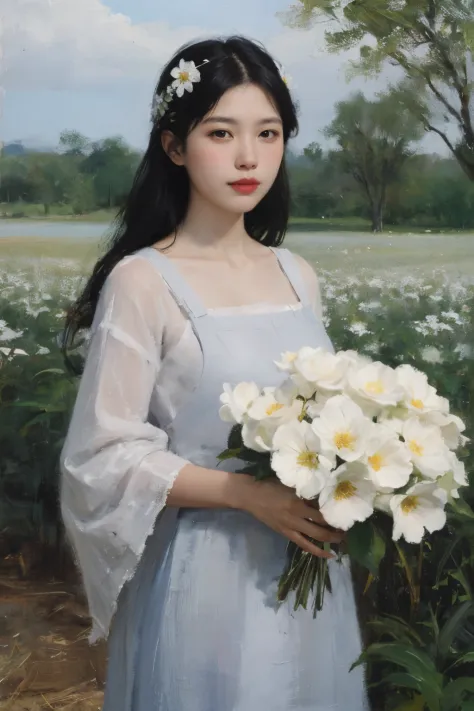 (painting: 1.5),

\\

one with black hair、woman with white flowers in hair，In the field of white flowers, (Amy Sole: 0.248), (Stanley Age Liu: 0.106), (a detailed painting: 0.353), (gothic art: 0.106)