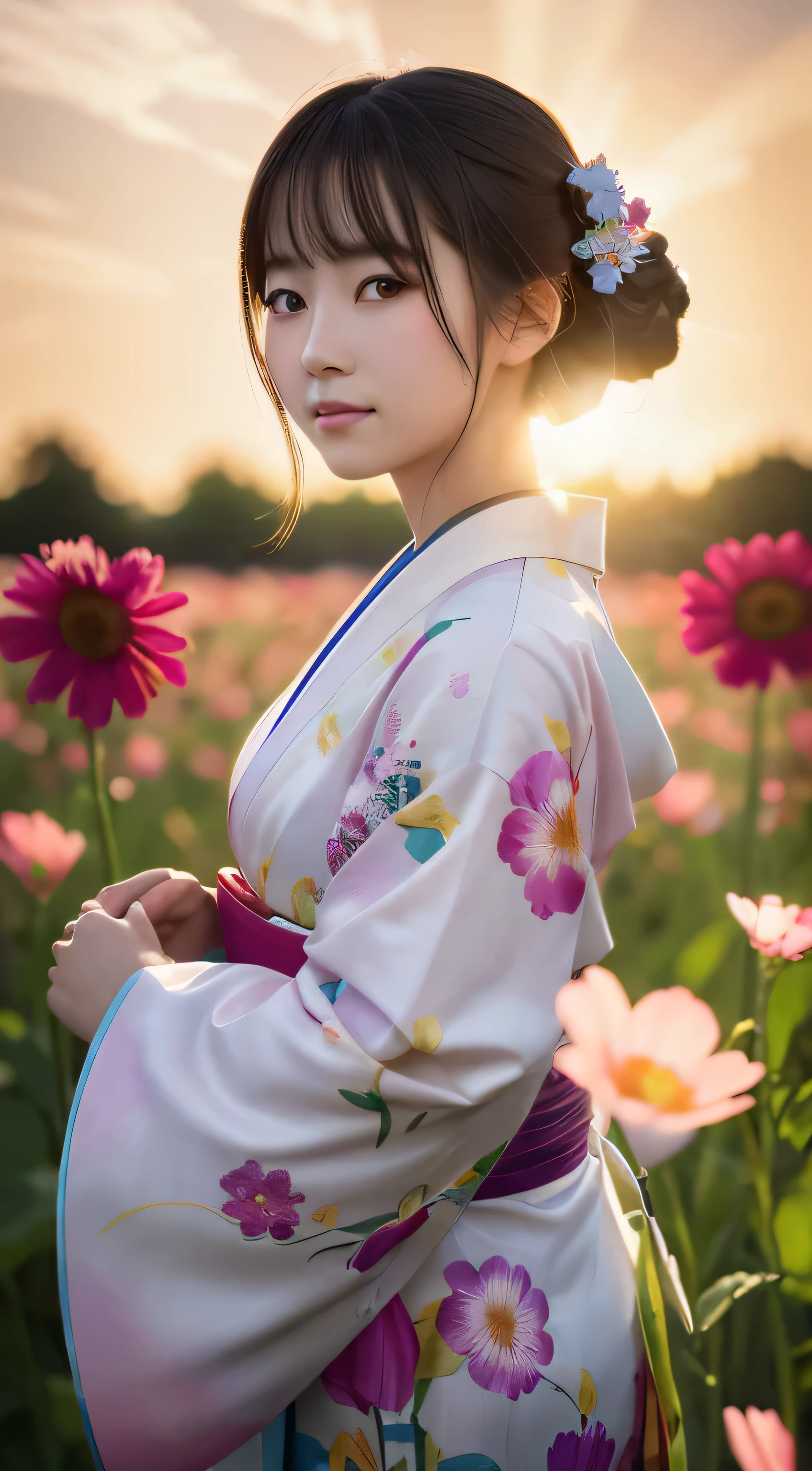 Ultra-high definition images,Super beautiful details,Portrait of a cute kimono woman in a bright windy field, In the flower garden(Backlight), realistic, debris flies, highest quality, Lens flare,  bloom, [[chromatic aberration]], digital painting, Style - Glass Final, Natural skin texture whole body high definition painting,