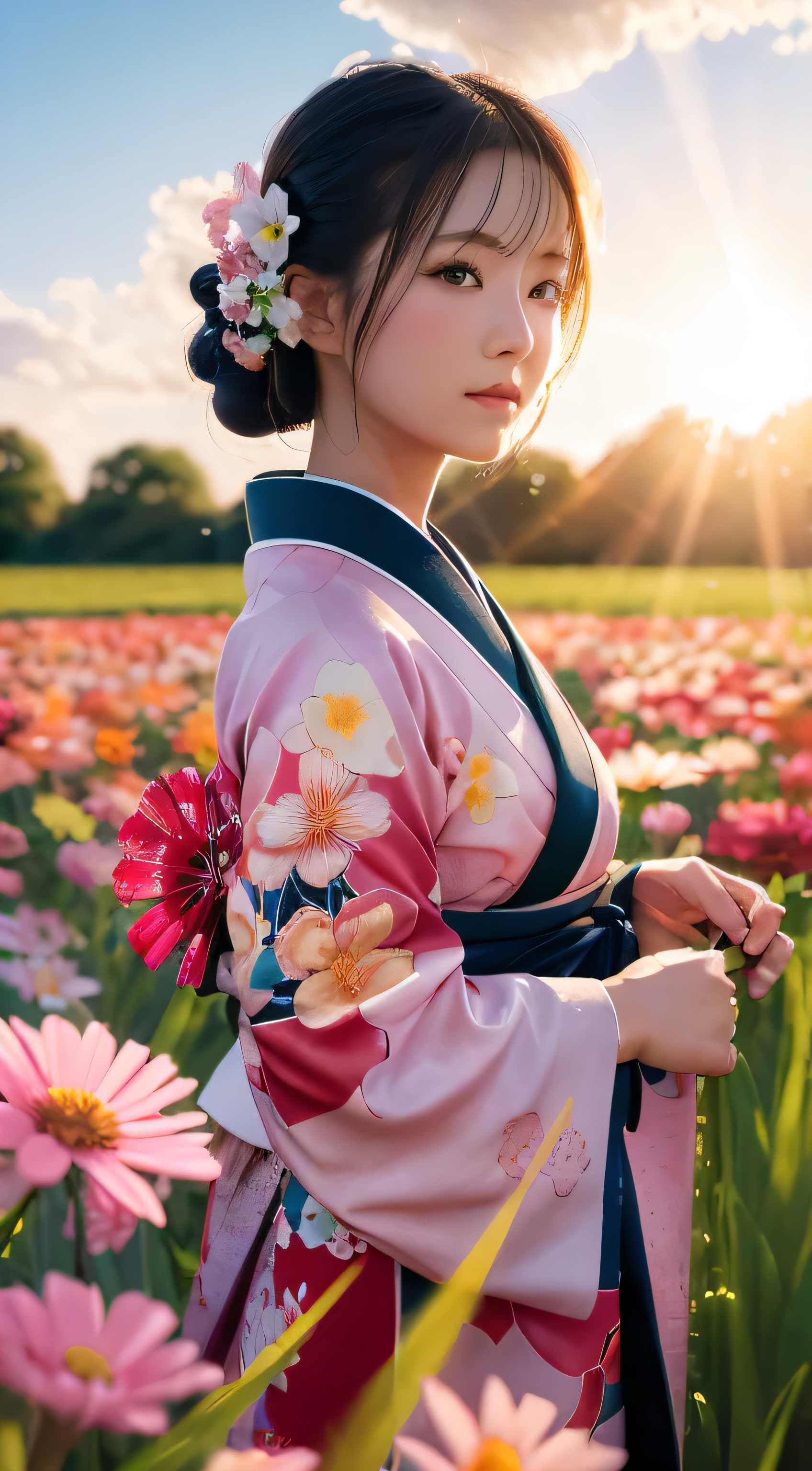 Ultra-high definition images,Super beautiful details,Portrait of a cute kimono woman in a bright windy field, In the flower garden(Backlight), realistic, debris flies, highest quality, Lens flare,  bloom, [[chromatic aberration]], digital painting, Style - Glass Final, Natural skin texture whole body high definition painting,