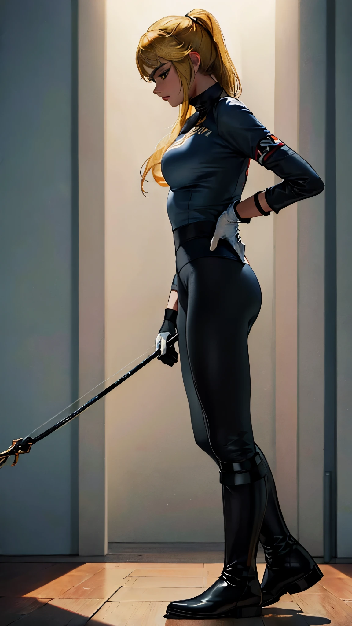 (highest resolution, distinct_image) best quality, a woman, solo, masterpiece, highly detailed, semi realistic, blonde hair, bangs, 18 years old, mature, young, tall strong, uniform, military uniform( large indoor background), cold, serious, tall, handsome, autocratic, powerful, exquisite facial features, exquisite facial features, (full body)(black knee-high boots:1.4)(dominatrix:0.3)(white Yoga pants:1.3),(gloves:1.5)(long sleeves),(active sportswear shirt),(princess Zelda),solo,1girl,(looking at viewer:0.2),(from below:0.7)(head turned upwards:0.3)(smiling:0.4)(bodysuit:0.3)(holding riding crop:1.2)(other hand empty)(muscular:0.5)(shirt tucket in pants)