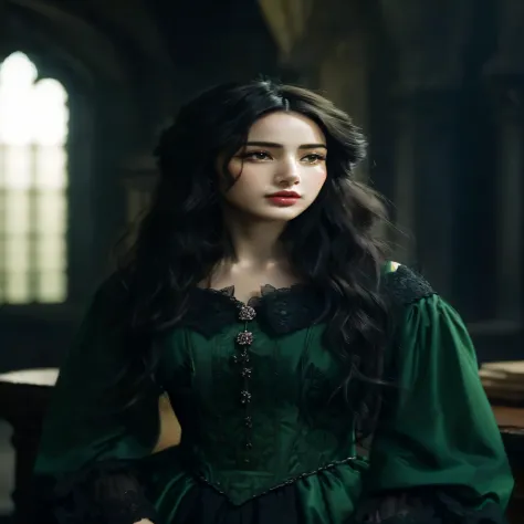 arafed mujer con un vestido verde posando para una foto, olivia culpo como milady de winter, as a medieval fantasy character, ma...